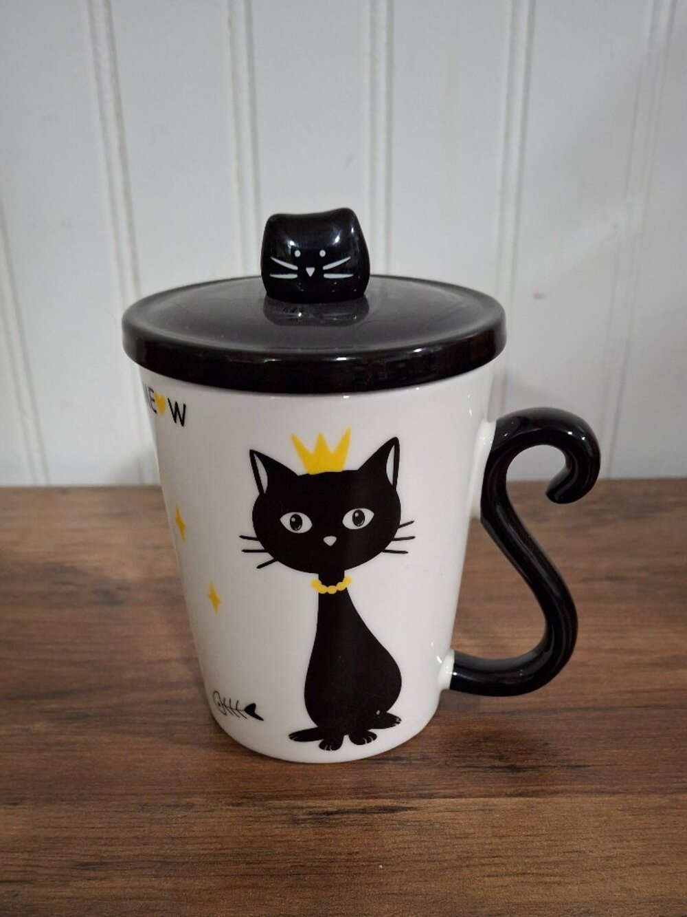 Black Cat Mug Lid Kitty Spoon Meow Gold Crown Stars Tail Handle
